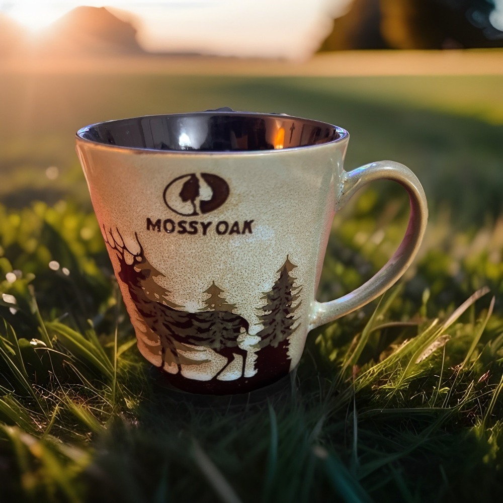 Mossy Oak Blue Green Speckled Brown Deer Pine Trees Coffee Cocoa Mug Cup Father